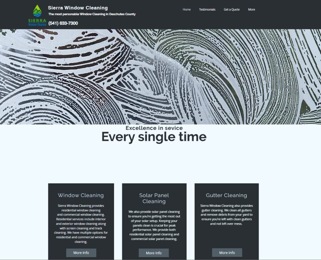 Old homepage of a window cleaning website blank window background, minimal content, and outdated layout